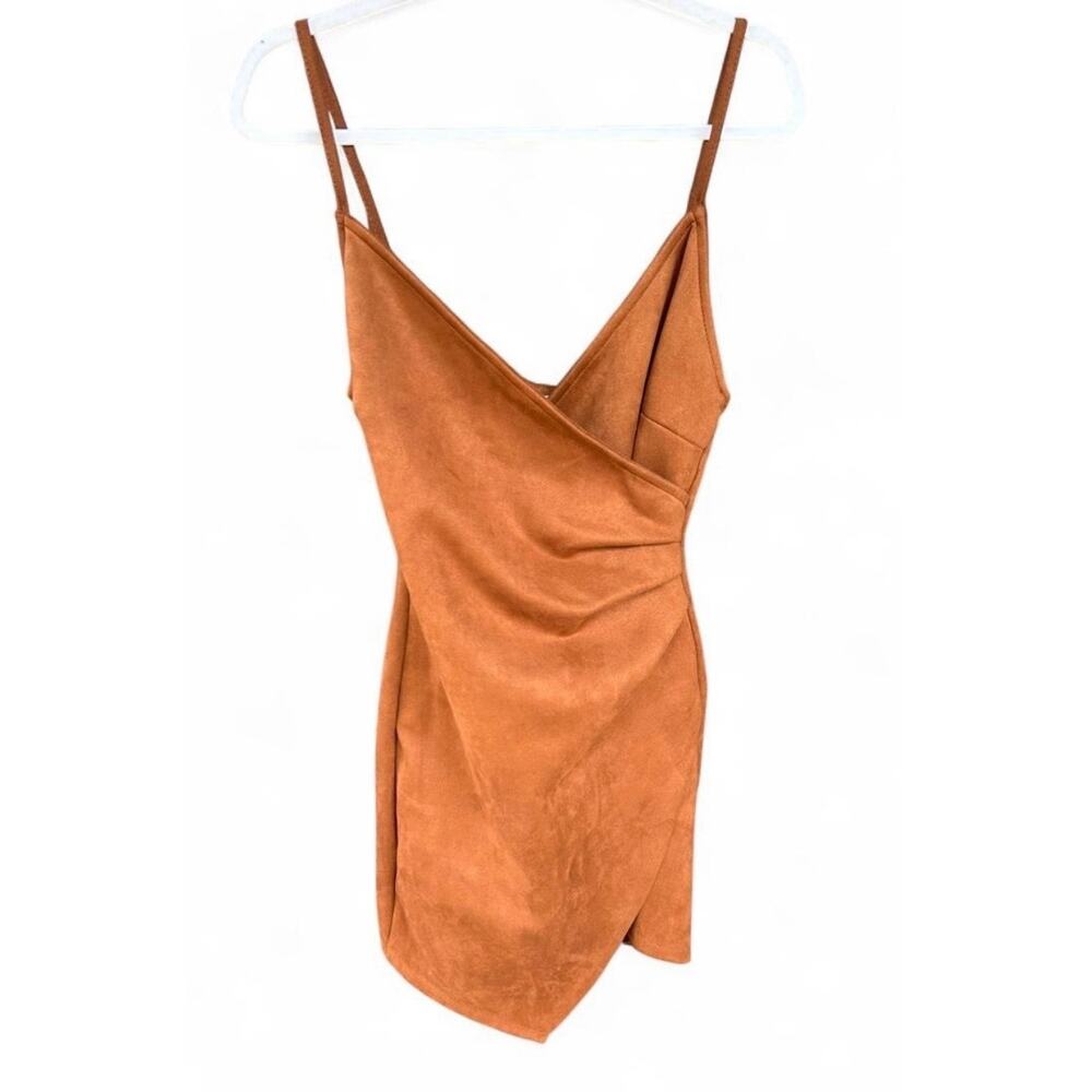 Cage Cognac Faux Suede Wrap Bodycon Mini Dress Y2K Size Small